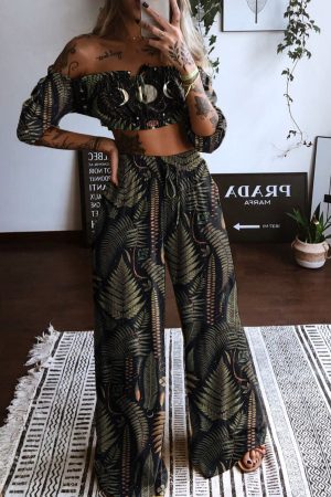 Dark Fern In The Moon Night Printed Two-Piece Set