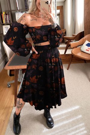 Bat And Maple Leaf Print Long-Sleeved Two-Piece Set