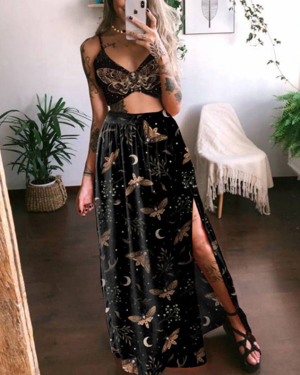 Death's Head Moth Print Suspender And Skirt Two-Piece Set - Image 2
