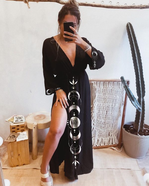 Ancient Mystery Moon Phase Printed V-neck Slit Dress - Image 3