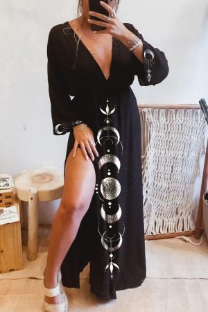 Ancient Mystery Moon Phase Printed V-neck Slit Dress
