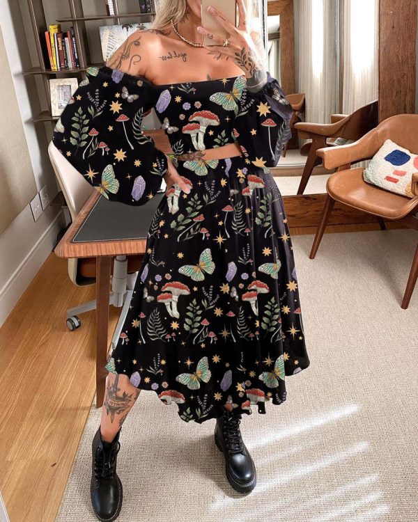Mysterious Mushroom Paradise Printed Long Sleeves Blouse Skirt Set - Image 2