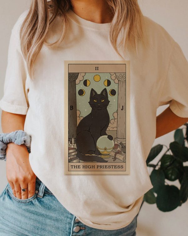 The High Priestess Cat Tarot Print Casual Oversized Witchy T-shirt