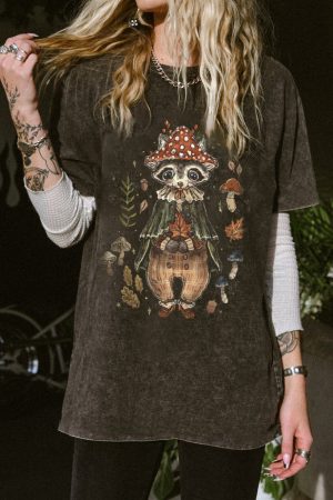 Dark Grey little Forest Racoon Printed Casual Oversized Oversized T-Shirt