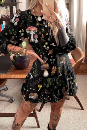 Cottagecore Print Long Sleeves Mini Dress