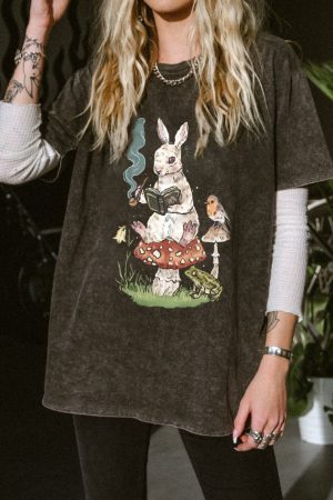 Dark Grey Forest Bunny Printed Casual Oversized T-Shirt