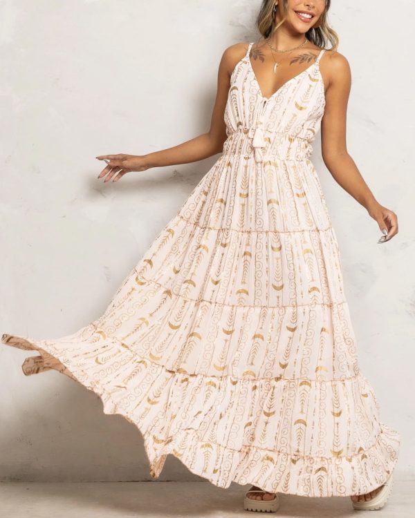 Powerful Golden Moon And Star Pattern Print Suspender Dress - Image 2
