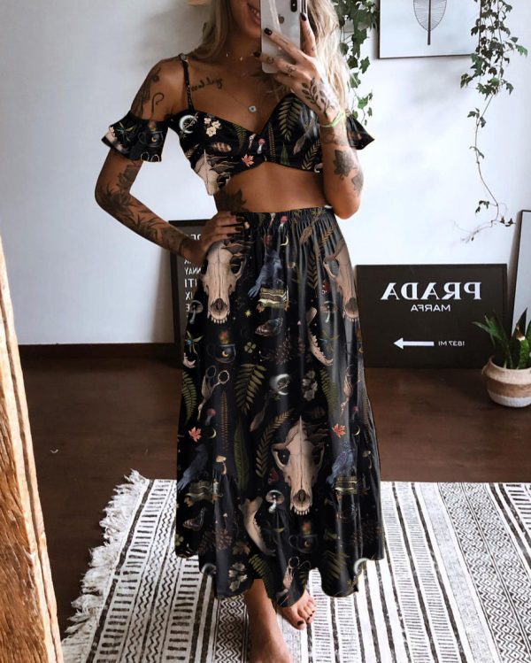 Dark Fantasy Dinosaur Fossils Printed Two Piece Skirt Set - Image 2