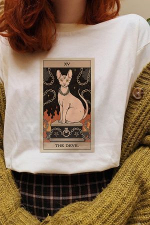The Devil Cat Tarot Print Casual Oversized Witchy T-shirt