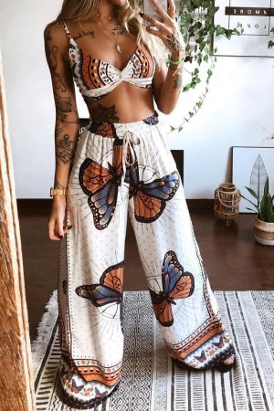 White Butterfly Elf Printed Two-Piece Pant Set