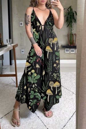 Yellow Mushroom Plants Printed V-neck Dress