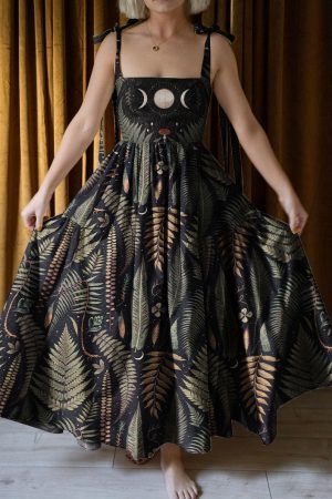 Dark Fern in the Moon Night Printed Halter Midi Dress